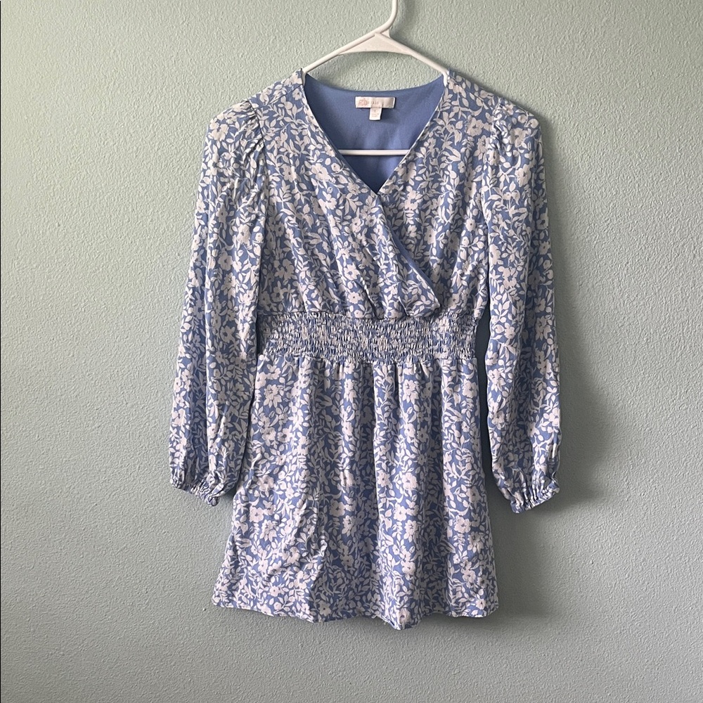 GB Girls Blue & White Floral Long Sleeve Dress - Size Large